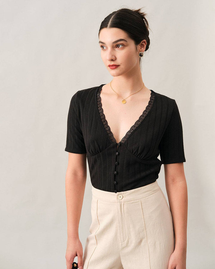 Morgan and Brooke | Ribbed Lace Trim Tee