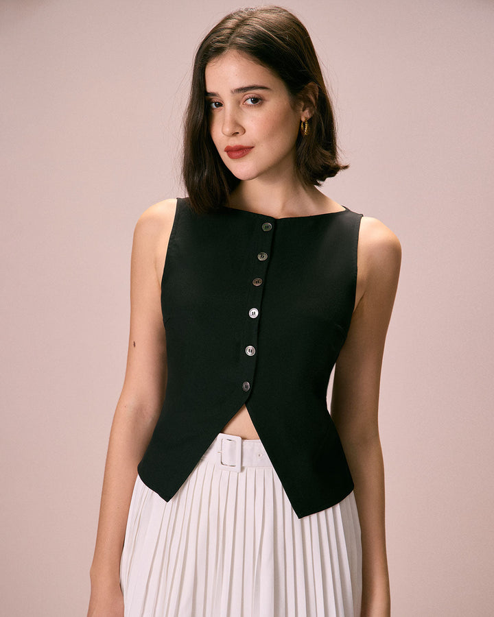Morgan and Brooke | Black Boat Neck Button Tank Top