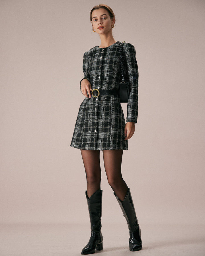 Morgan and Brooke | Black Plaid A-Line Mini Dress