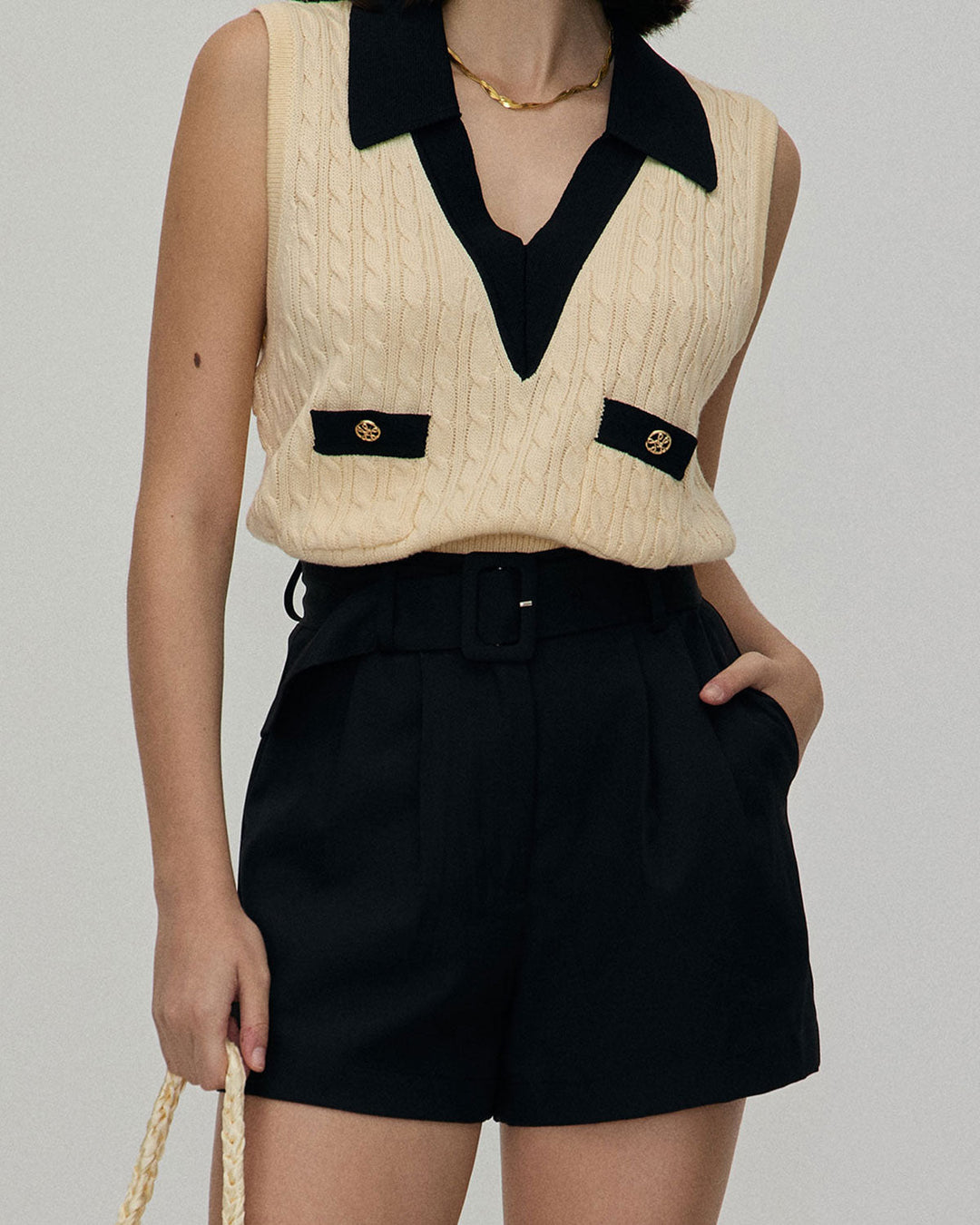Morgan and Brooke | High-Waisted Pleated Belted Shorts for Women in Black