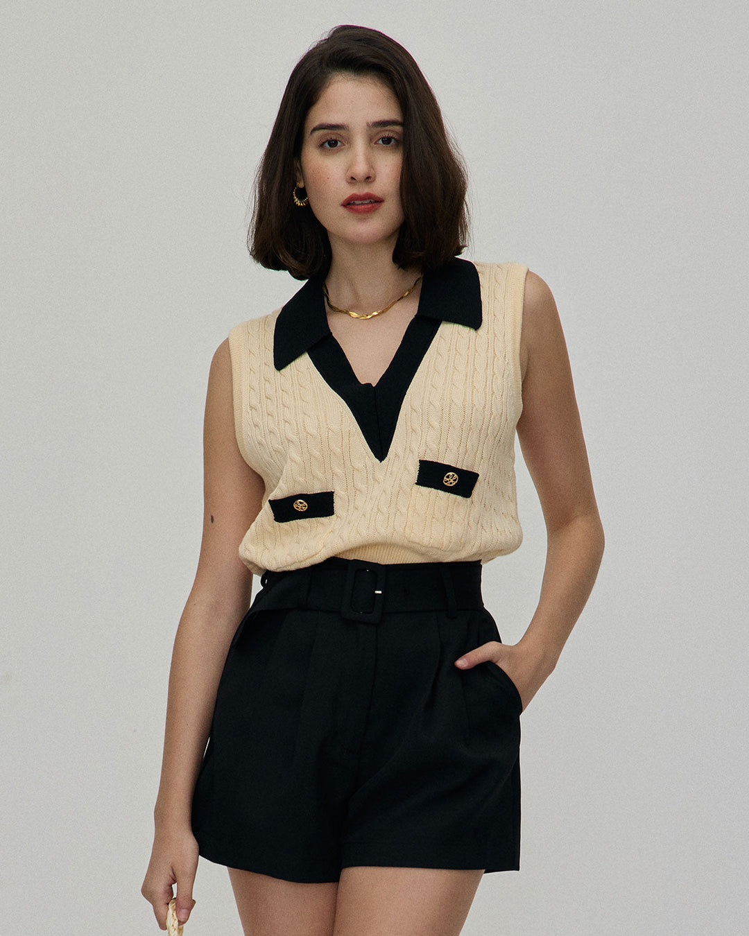 Morgan and Brooke | High-Waisted Pleated Belted Shorts for Women in Black