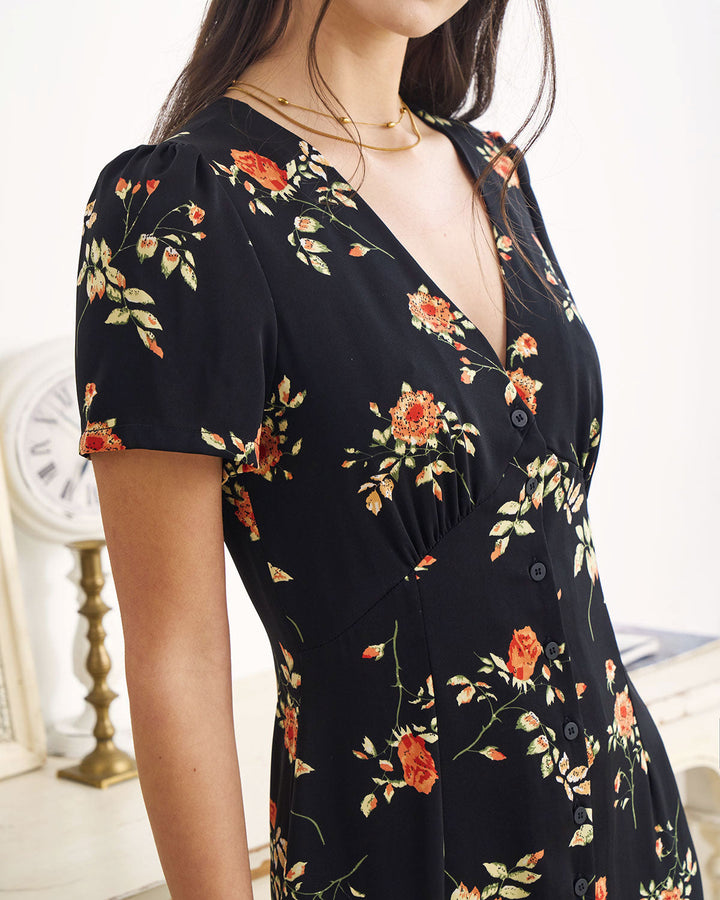 Morgan and Brooke | Black Floral V Neck Short Sleeve Maxi Dress