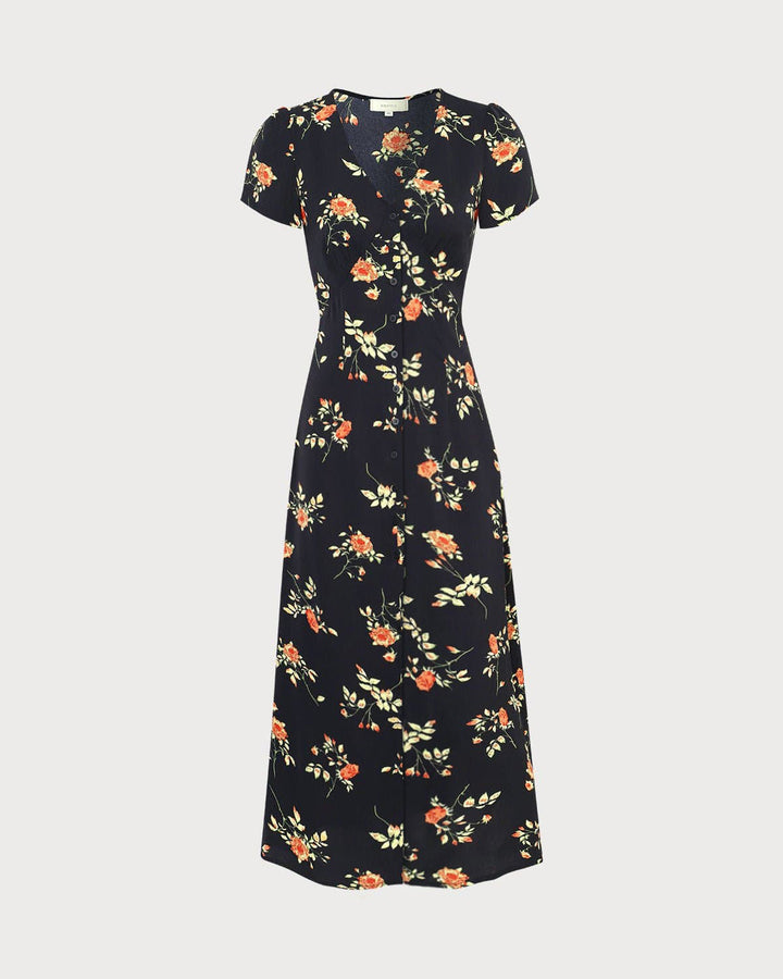Morgan and Brooke | Black Floral V Neck Short Sleeve Maxi Dress