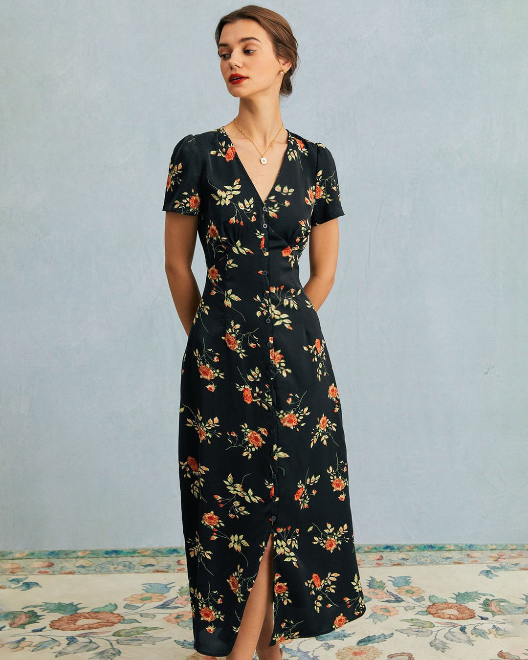 Morgan and Brooke | Black Floral V Neck Short Sleeve Maxi Dress