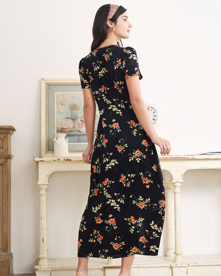 Morgan and Brooke | Black Floral V Neck Short Sleeve Maxi Dress