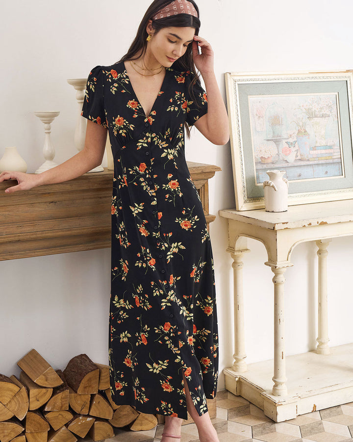 Morgan and Brooke | Black Floral V Neck Short Sleeve Maxi Dress