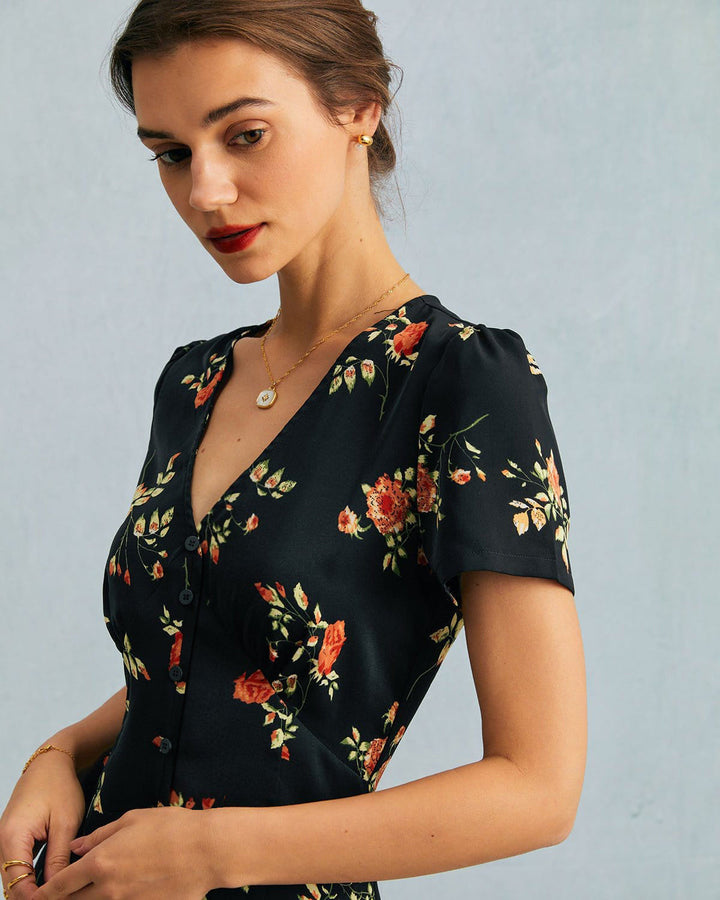 Morgan and Brooke | Black Floral V Neck Short Sleeve Maxi Dress