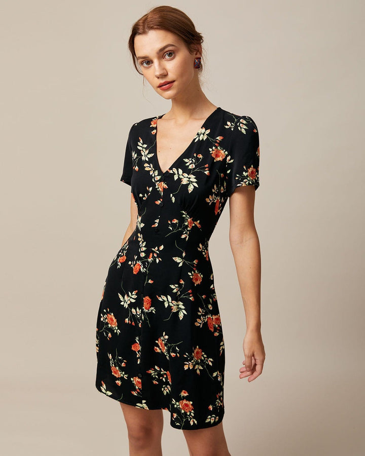 Morgan and Brooke | Black Floral V Neck Mini Dress