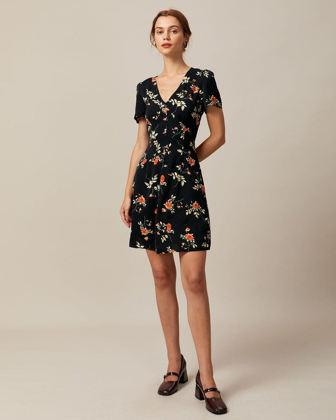 Morgan and Brooke | Black Floral V Neck Mini Dress