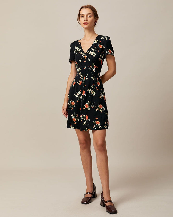 Morgan and Brooke | Black Floral V Neck Mini Dress