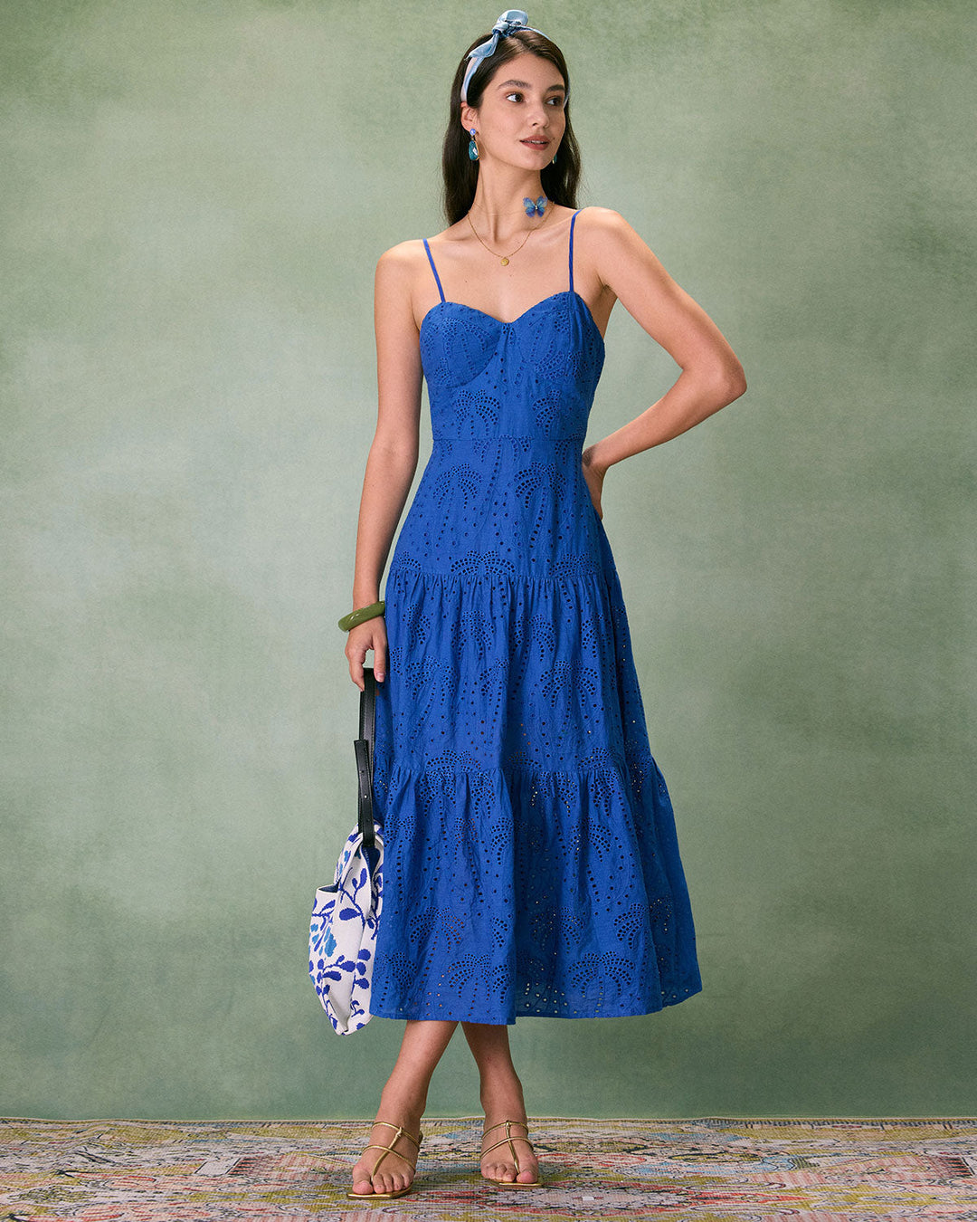 Morgan and Brooke | Sweetheart Neck Embroidery Slip Midi Dress in Blue