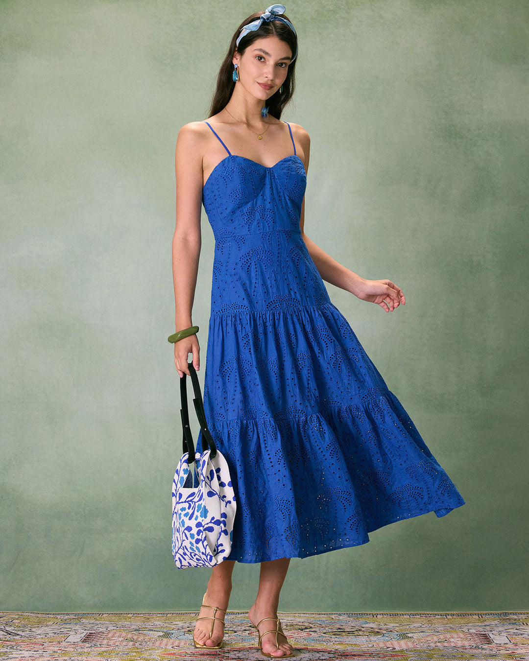 Morgan and Brooke | Sweetheart Neck Embroidery Slip Midi Dress in Blue