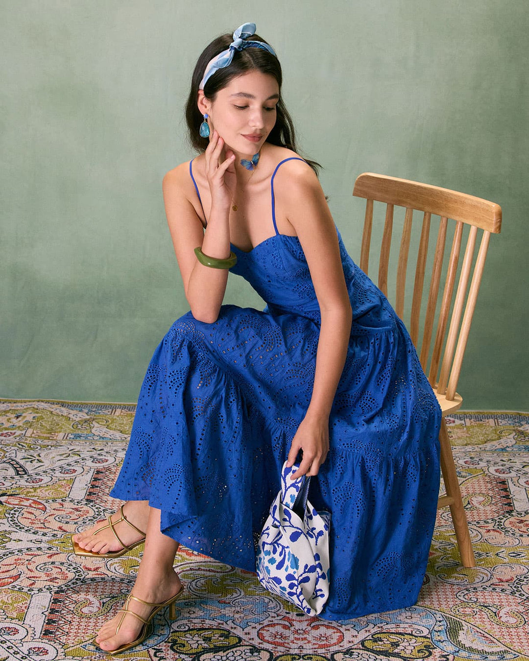 Morgan and Brooke | Sweetheart Neck Embroidery Slip Midi Dress in Blue