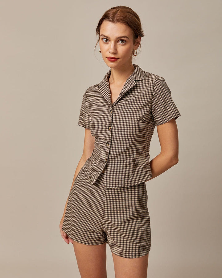 Morgan and Brooke | Brown Gingham Short Sleeve Blouse
