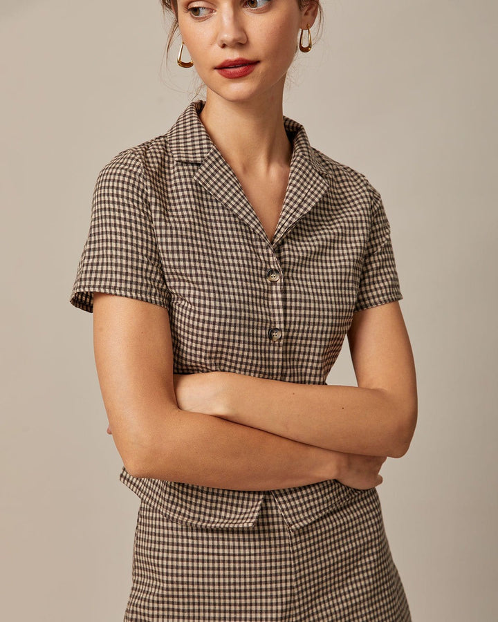 Morgan and Brooke | Brown Gingham Short Sleeve Blouse