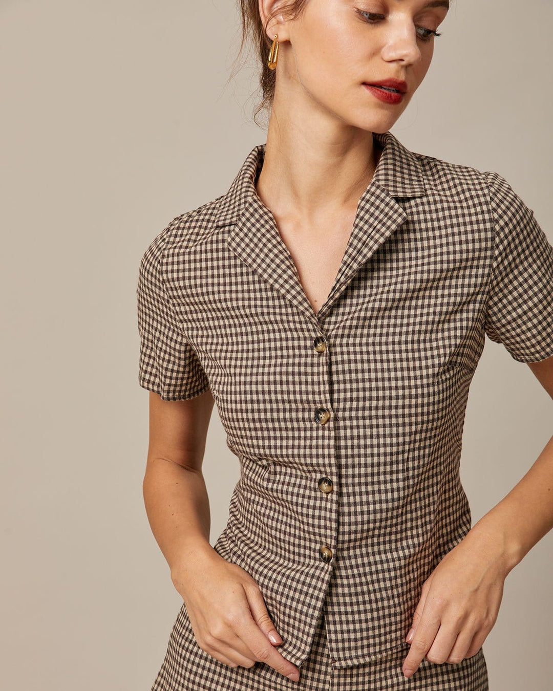 Morgan and Brooke | Brown Gingham Short Sleeve Blouse