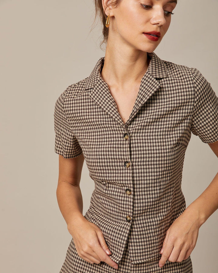 Morgan and Brooke | Brown Gingham Short Sleeve Blouse