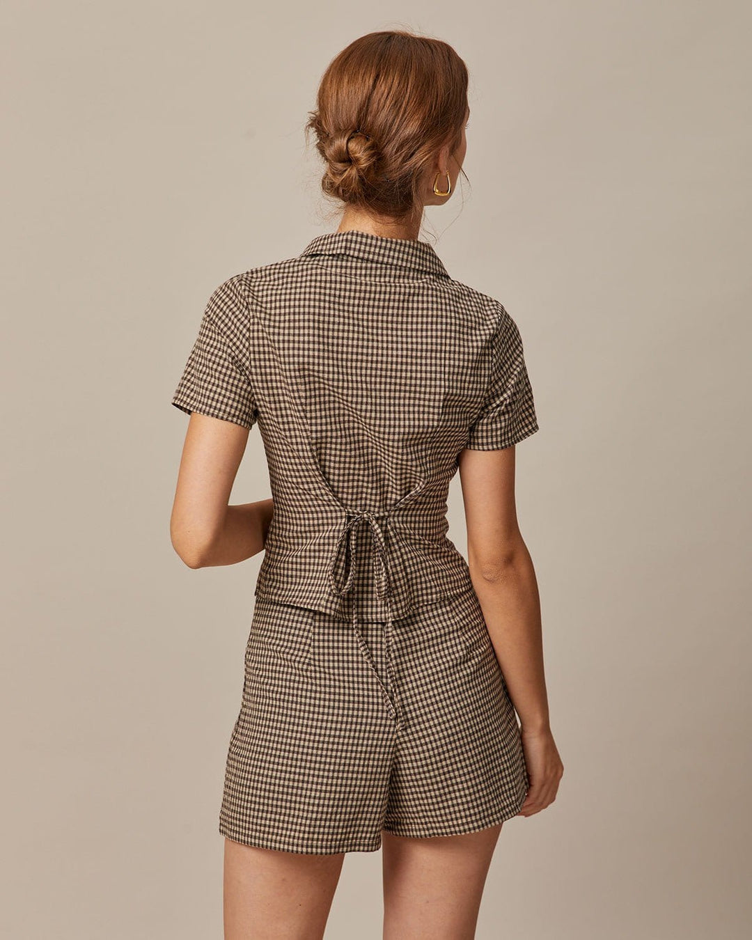 Morgan and Brooke | High Waisted Plaid Shorts for Women in Brown