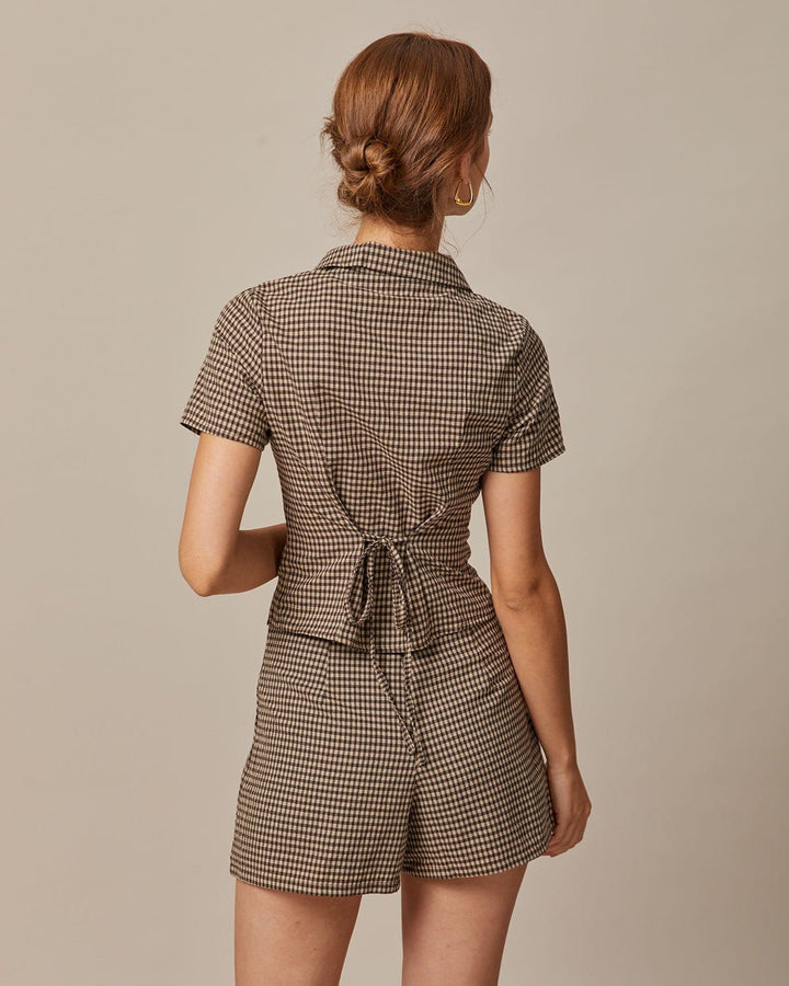 Morgan and Brooke | High Waisted Plaid Shorts for Women in Brown
