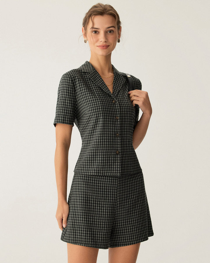 Morgan and Brooke | High Waisted Plaid Shorts for Women in Grey