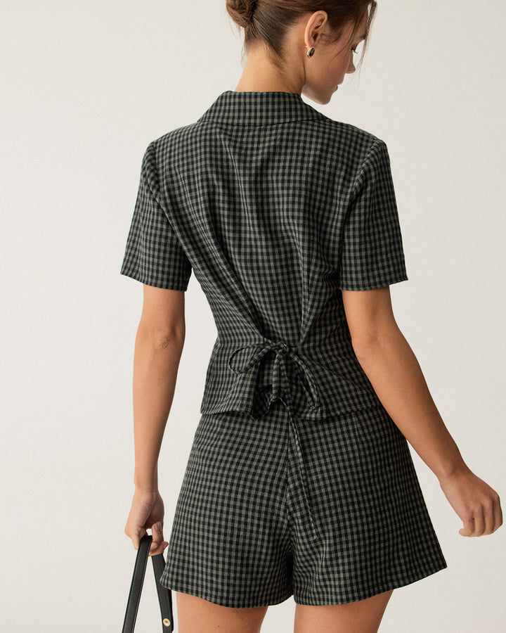 Morgan and Brooke | High Waisted Plaid Shorts for Women in Grey
