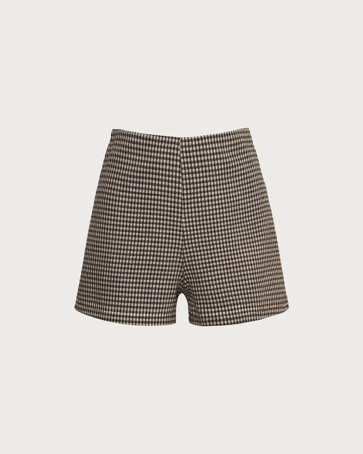 Morgan and Brooke | High Waisted Plaid Shorts for Women in Brown