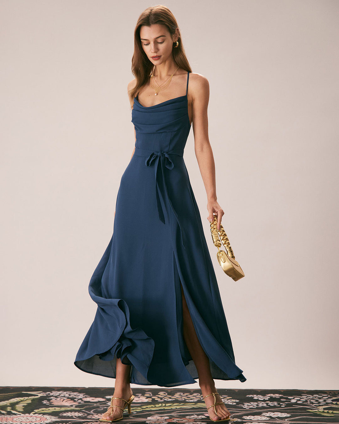 Morgan and Brooke | Navy Cowl Neck Cutout Back Maxi Dress
