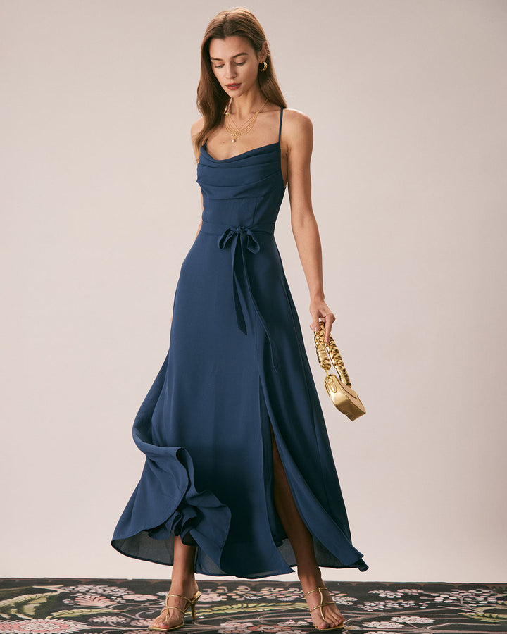 Morgan and Brooke | Navy Cowl Neck Cutout Back Maxi Dress