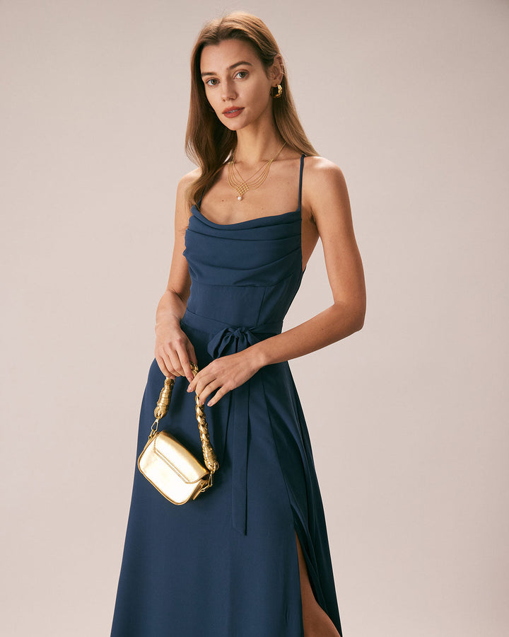 Morgan and Brooke | Navy Cowl Neck Cutout Back Maxi Dress
