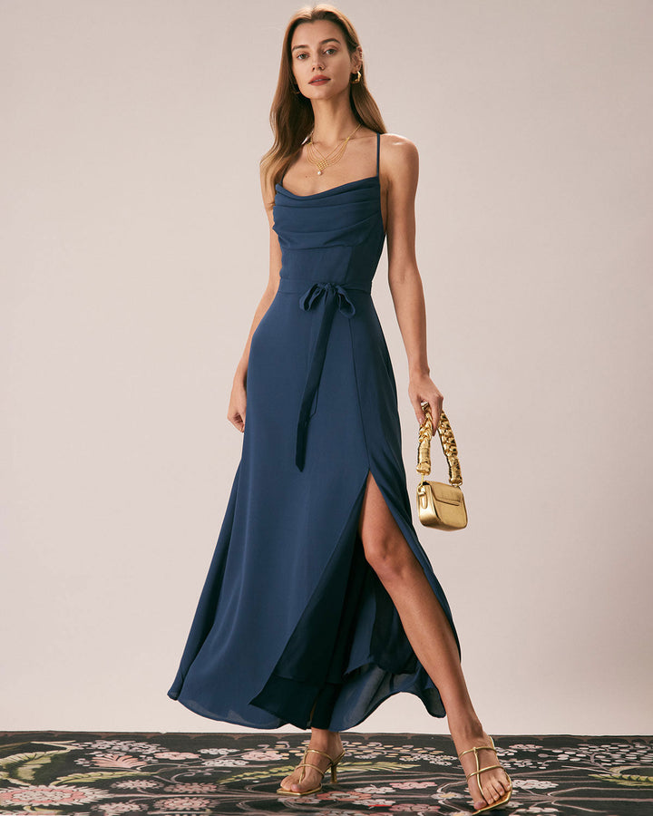 Morgan and Brooke | Navy Cowl Neck Cutout Back Maxi Dress