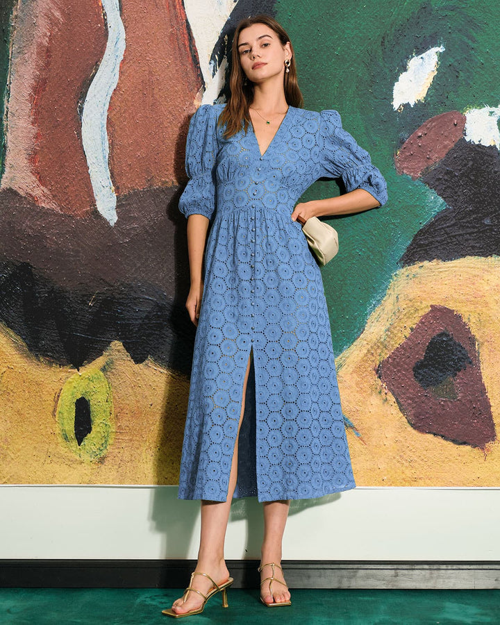Morgan and Brooke | Blue Puff Sleeve Cutout Slit Maxi Dress