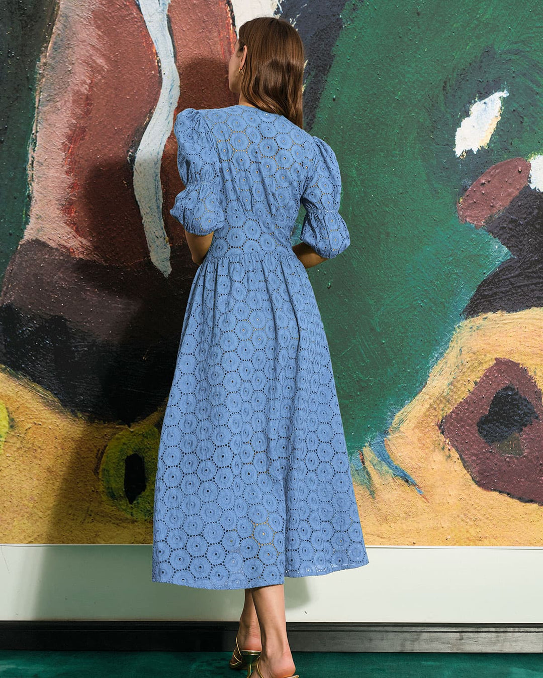 Morgan and Brooke | Blue Puff Sleeve Cutout Slit Maxi Dress