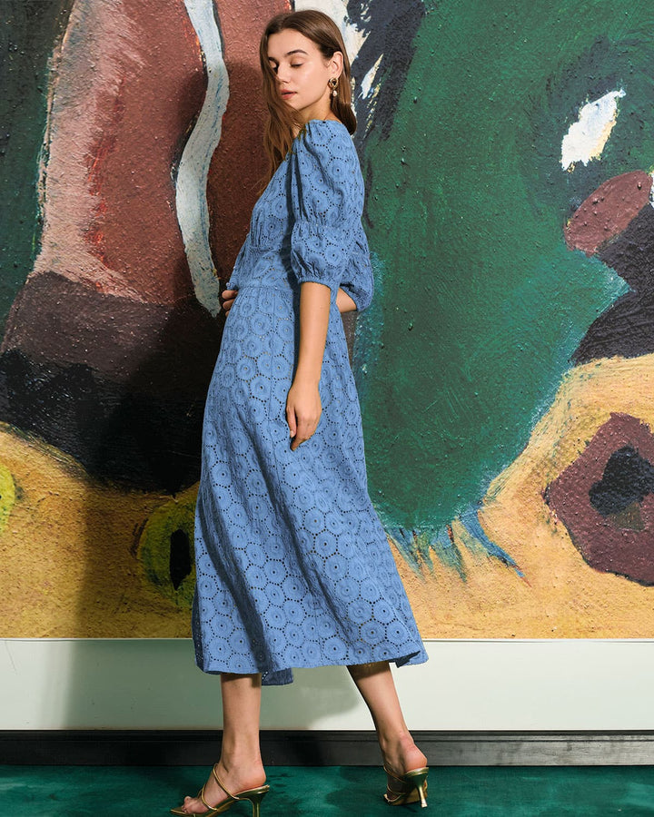 Morgan and Brooke | Blue Puff Sleeve Cutout Slit Maxi Dress