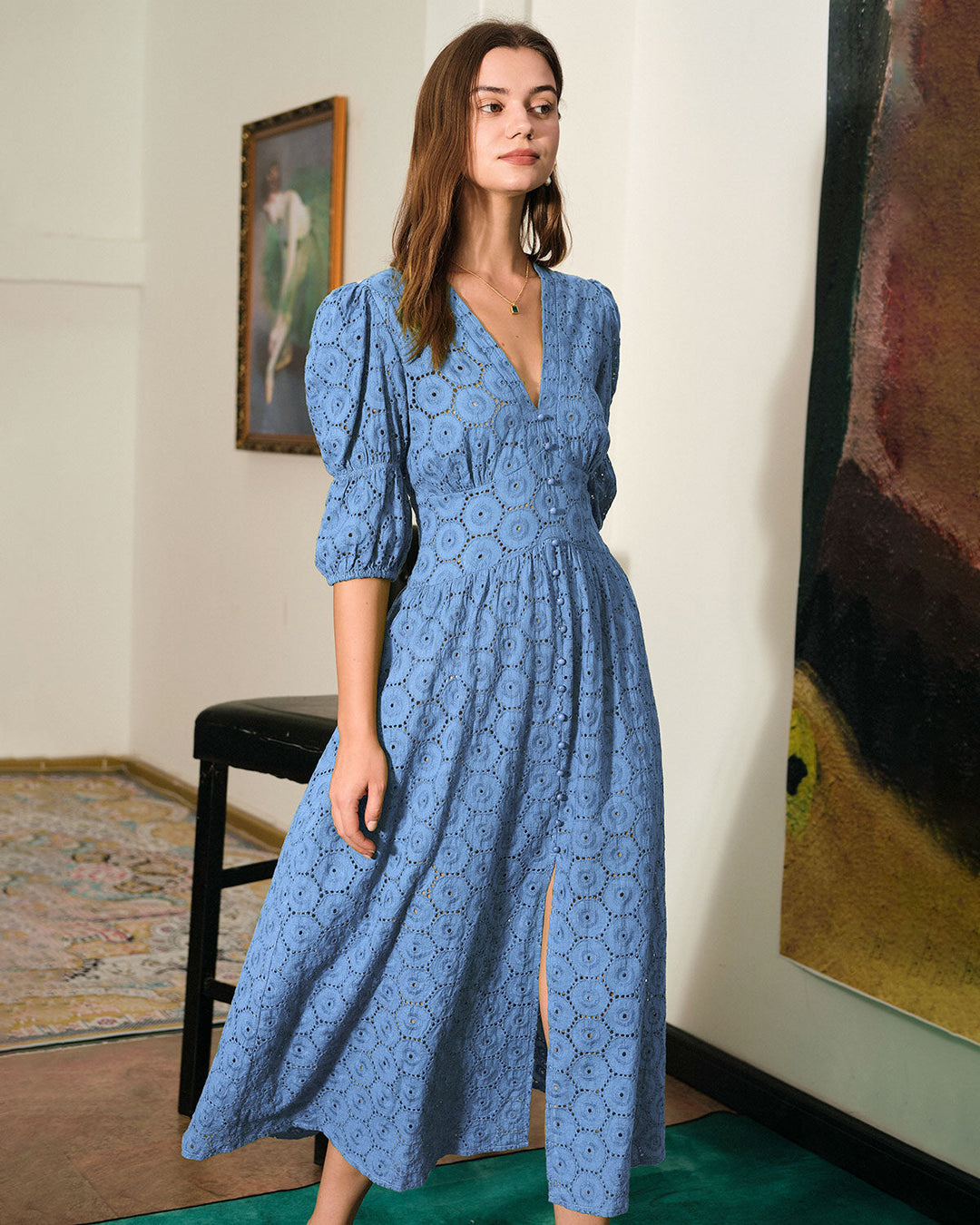 Morgan and Brooke | Blue Puff Sleeve Cutout Slit Maxi Dress