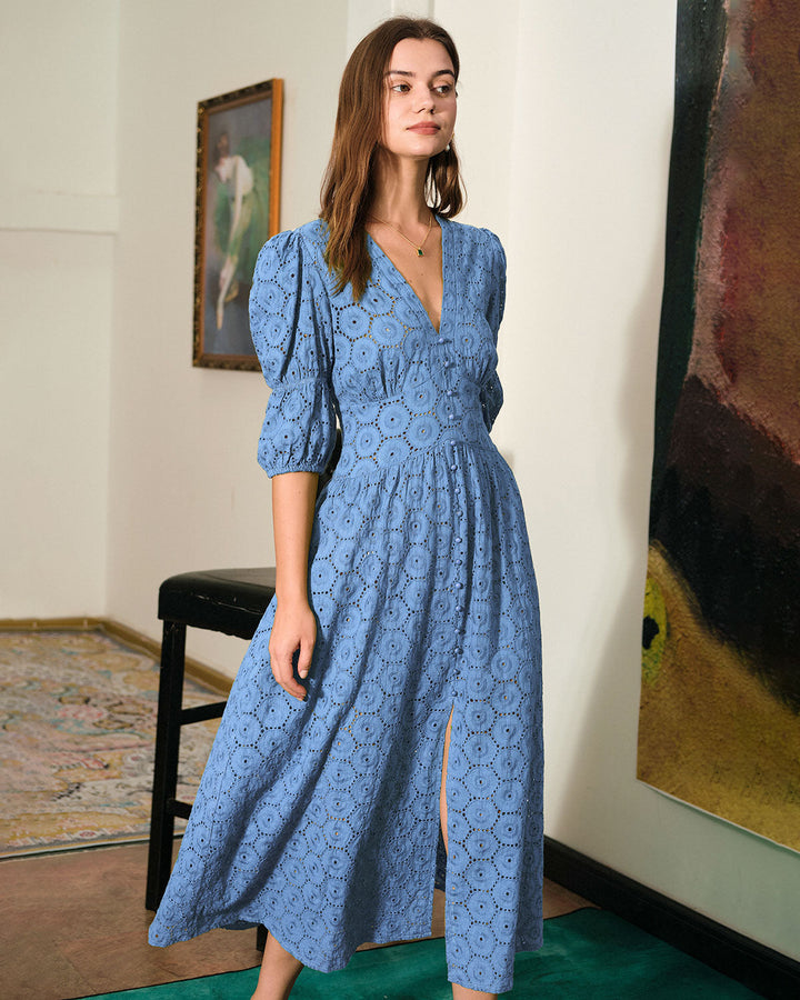 Morgan and Brooke | Blue Puff Sleeve Cutout Slit Maxi Dress