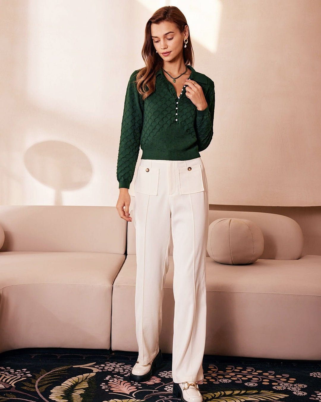 Morgan and Brooke | Dark Green Ribbed Knit Top