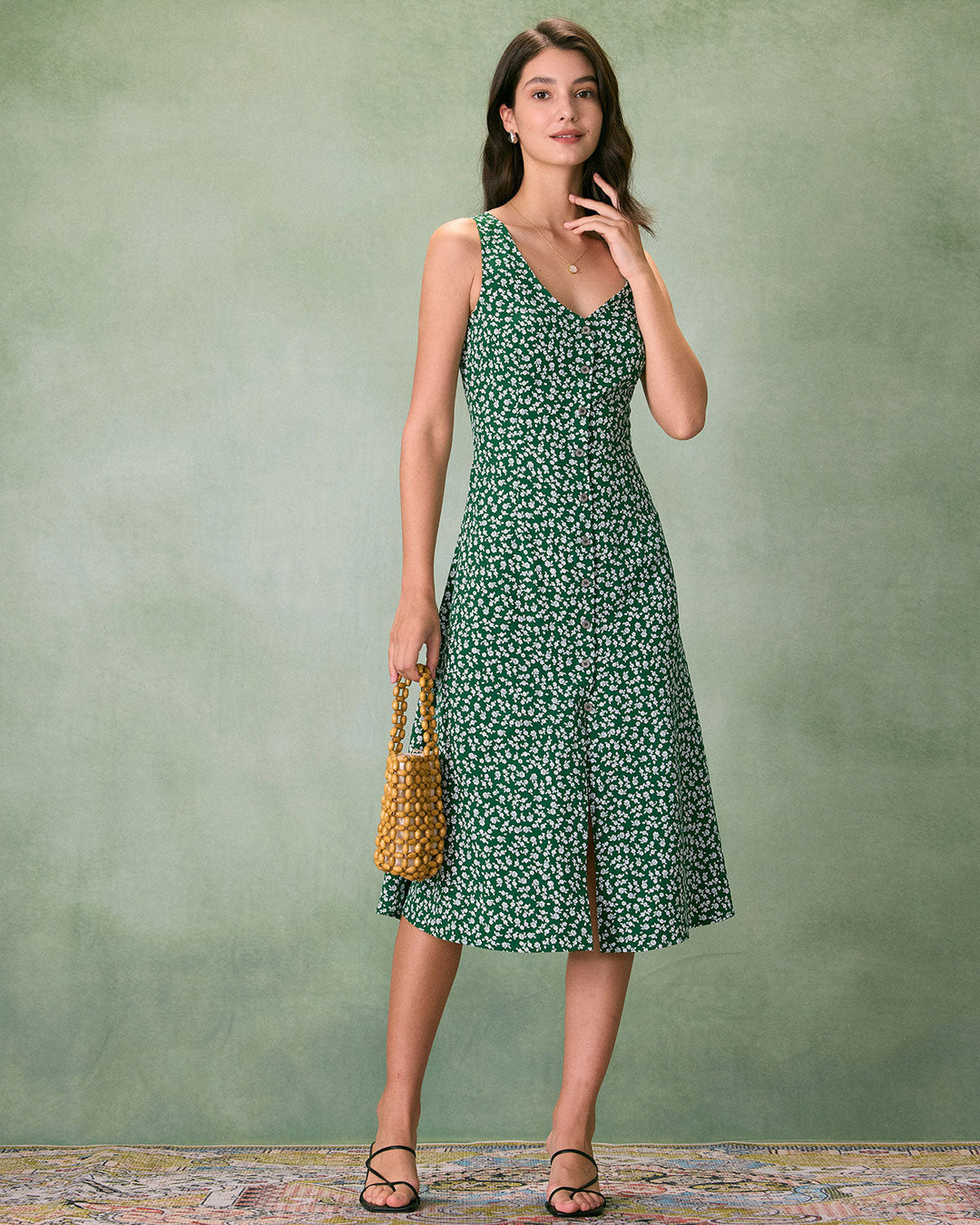 Morgan and Brooke | Green Floral V Neck Midi Dress