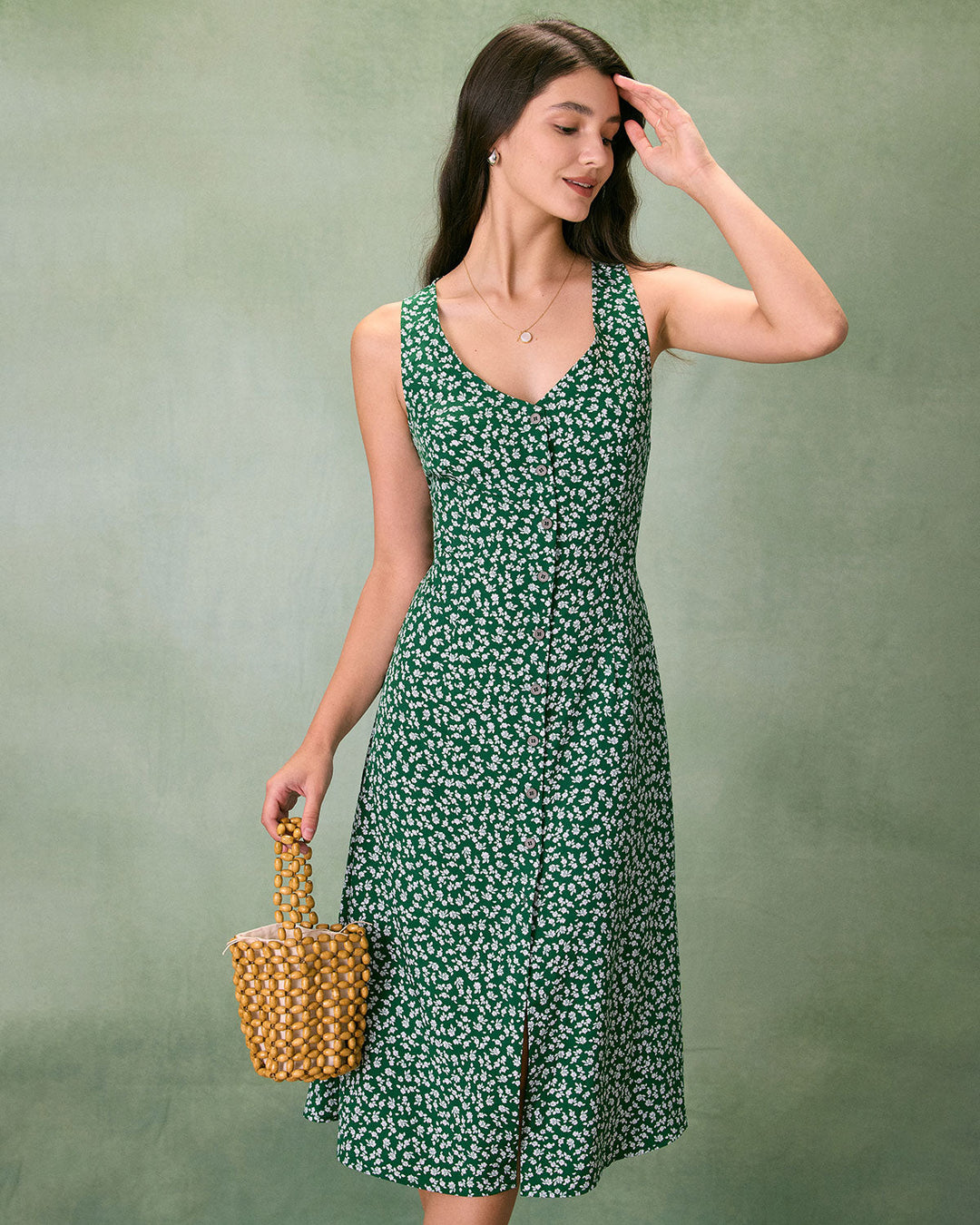 Morgan and Brooke | Green Floral V Neck Midi Dress