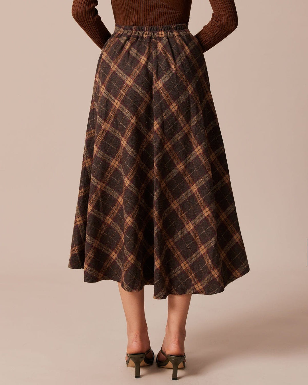 Morgan and Brooke | Brown Plaid A-Line Midi Skirt