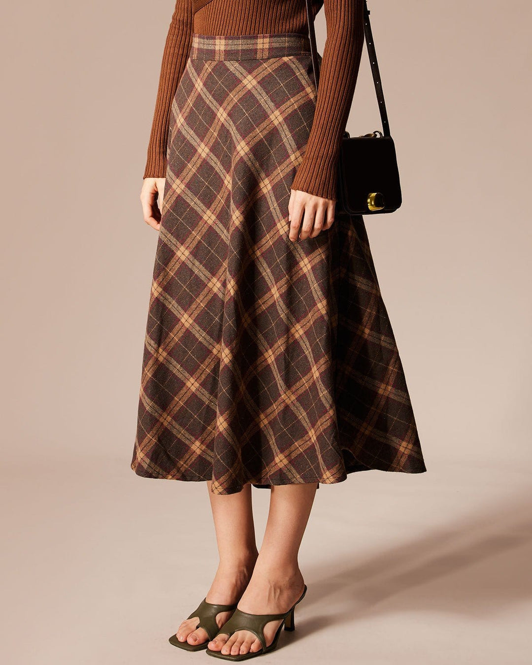 Morgan and Brooke | Brown Plaid A-Line Midi Skirt