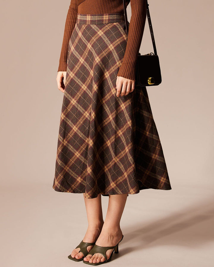 Morgan and Brooke | Brown Plaid A-Line Midi Skirt