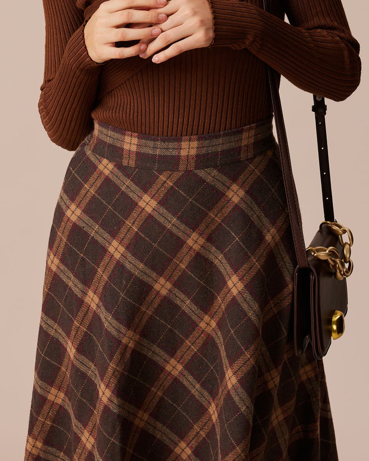 Morgan and Brooke | Brown Plaid A-Line Midi Skirt