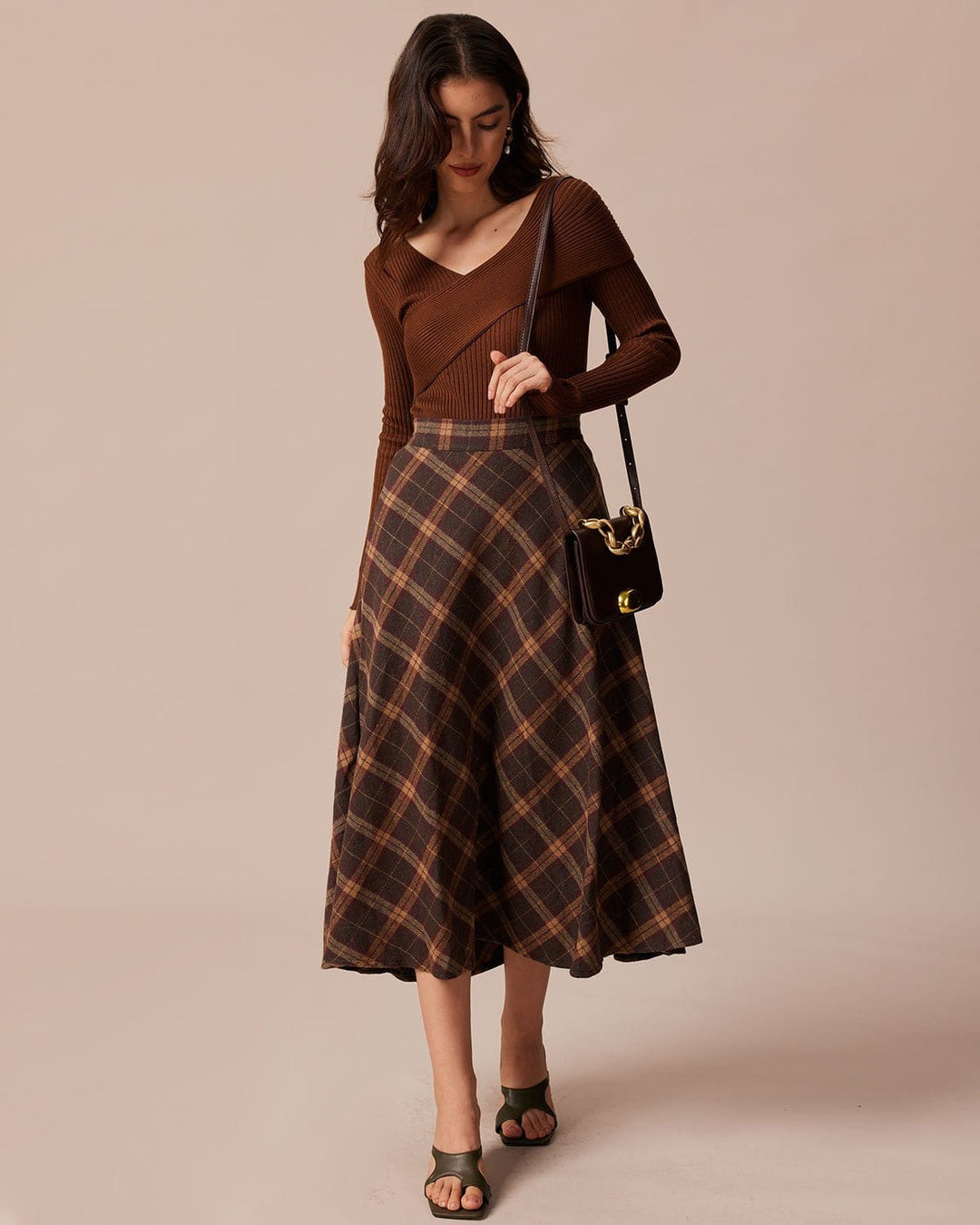 Morgan and Brooke | Brown Plaid A-Line Midi Skirt