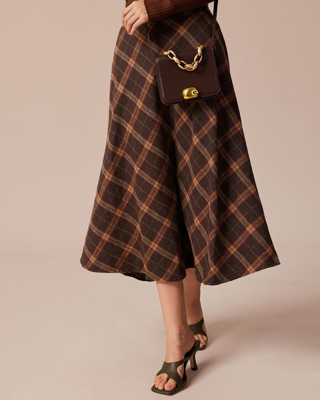 Morgan and Brooke | Brown Plaid A-Line Midi Skirt