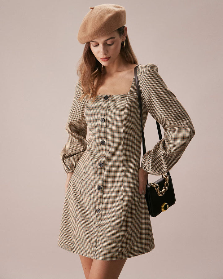 Morgan and Brooke | Khaki Plaid Button Mini Dress