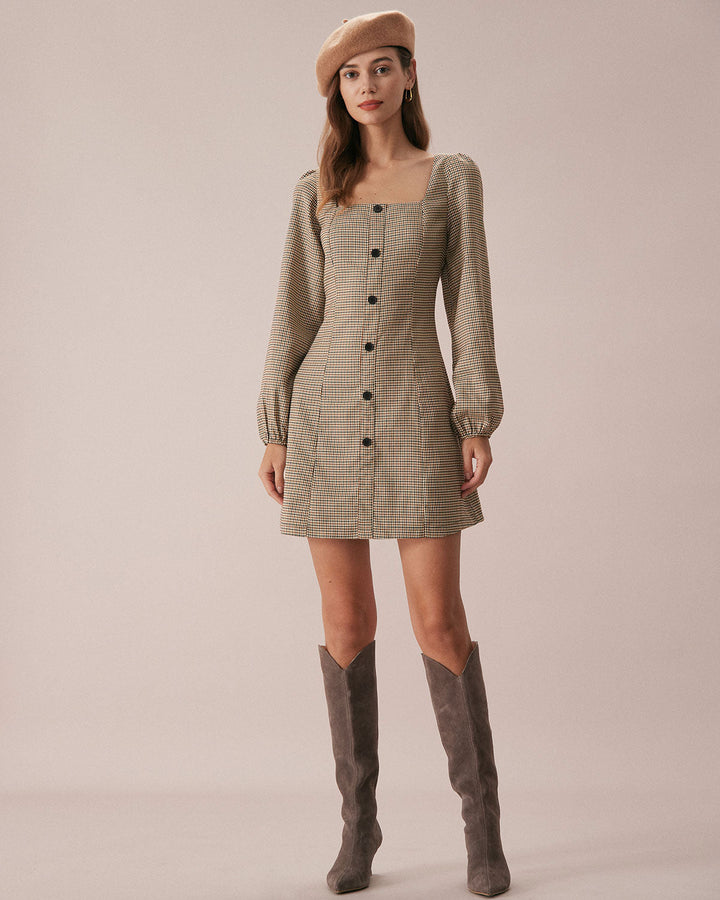 Morgan and Brooke | Khaki Plaid Button Mini Dress
