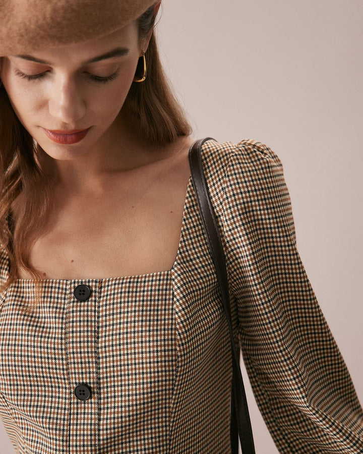 Morgan and Brooke | Khaki Plaid Button Mini Dress