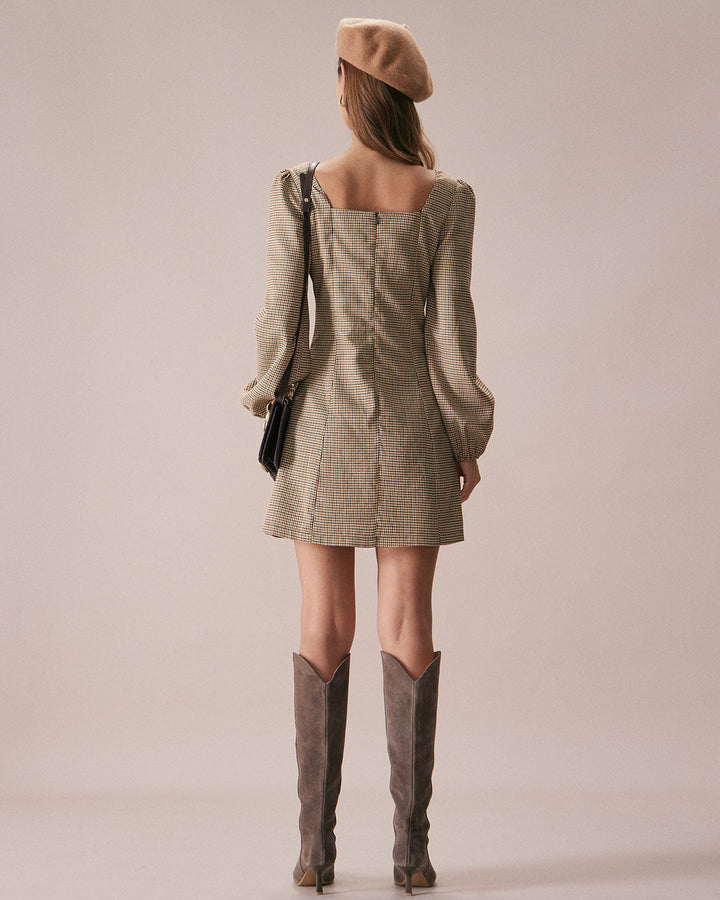 Morgan and Brooke | Khaki Plaid Button Mini Dress