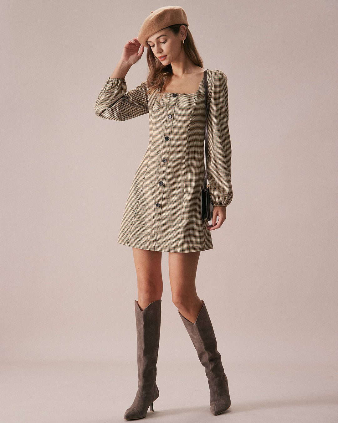 Morgan and Brooke | Khaki Plaid Button Mini Dress