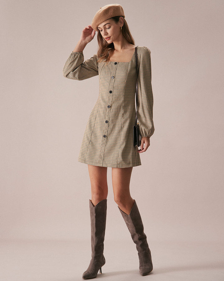 Morgan and Brooke | Khaki Plaid Button Mini Dress